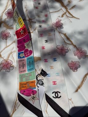 Chanel White Multicolor CC Logo Silk Twilly Scarf